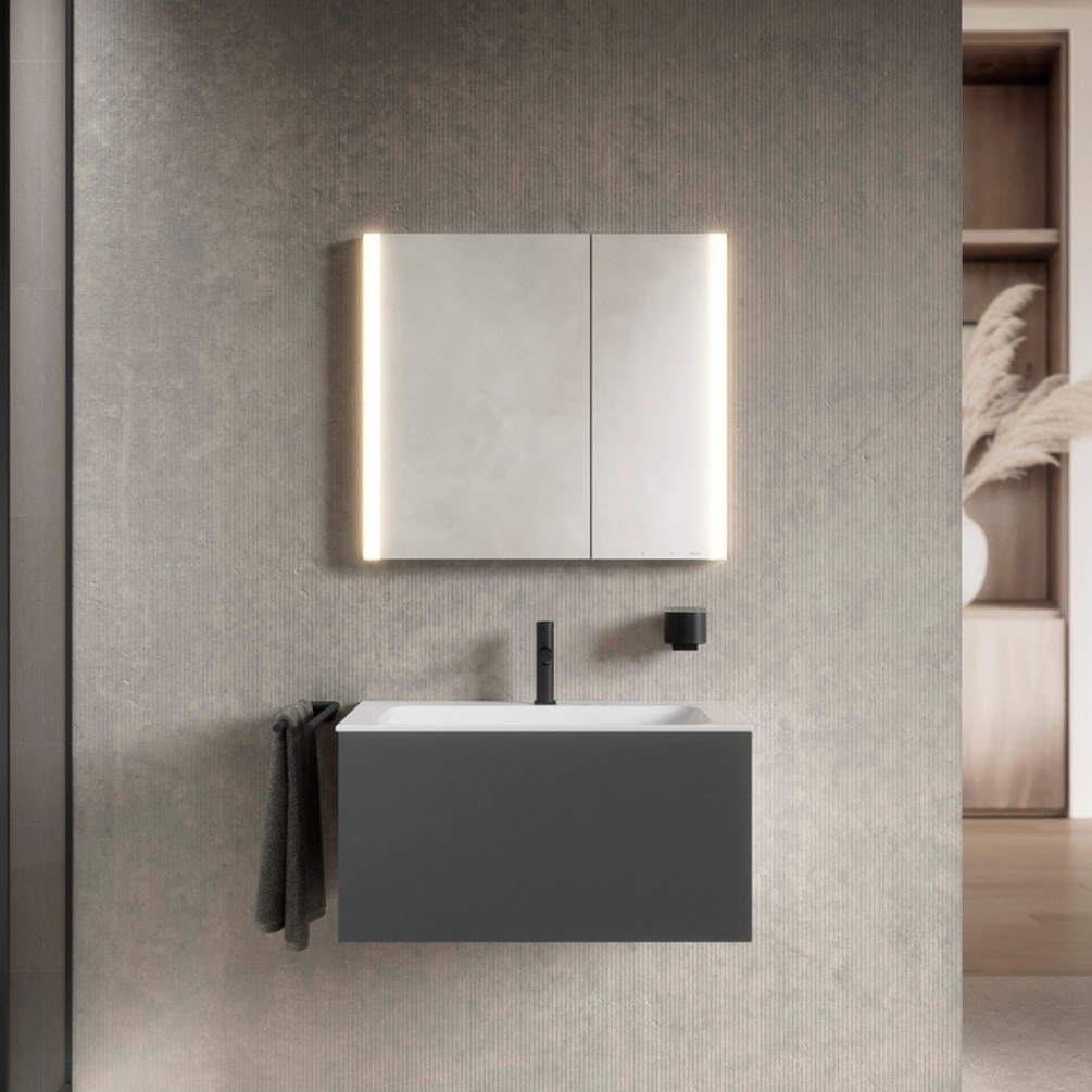 Product Lifestyle image of the Keuco Somaris 800mm Asymmetrical Double Mirror Cabinet with Heated Demister 14502002231